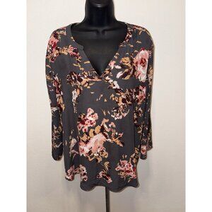 Maurices Long Sleeve Blouse Tunic Black Floral Print Women XL Collarless V Neck
